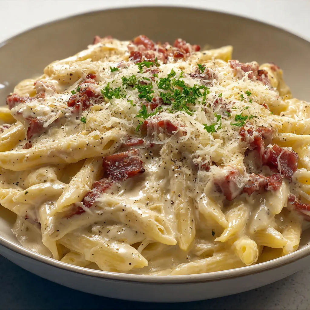 Jolie assiette de pâtes à la crème, lardons fumés et herbes fraîches dessus.