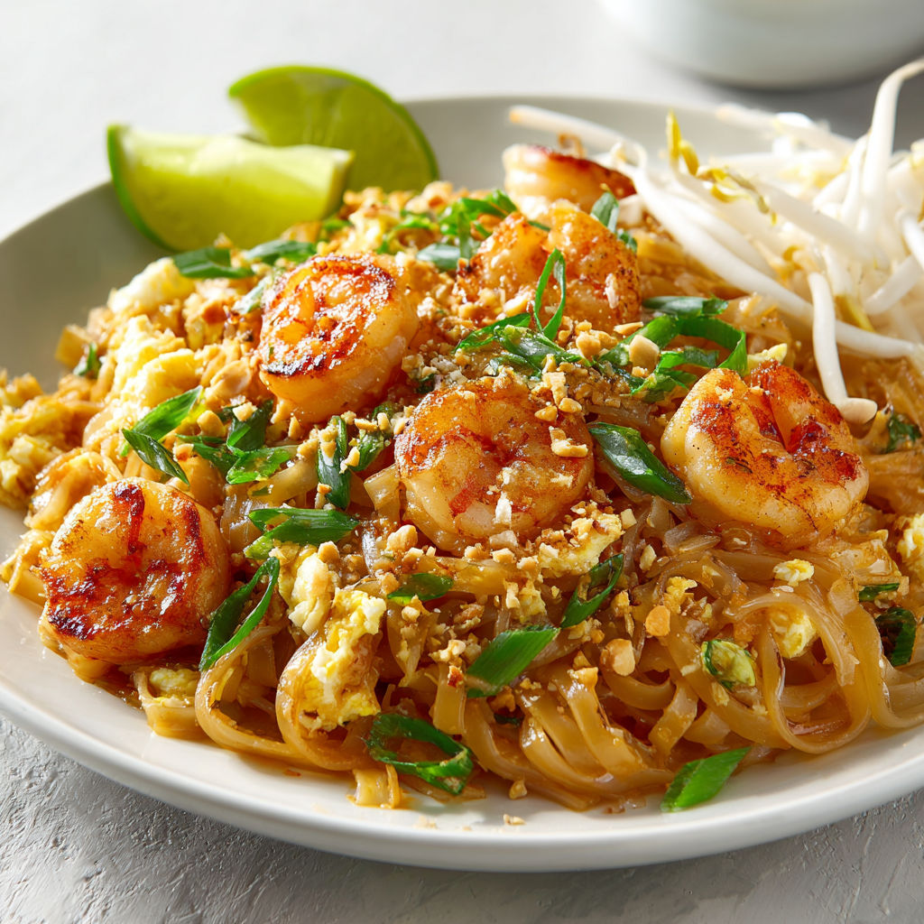 Plat coloré de Crevettes thaï avec nouilles et légumes croquants servi sur une table en bois.