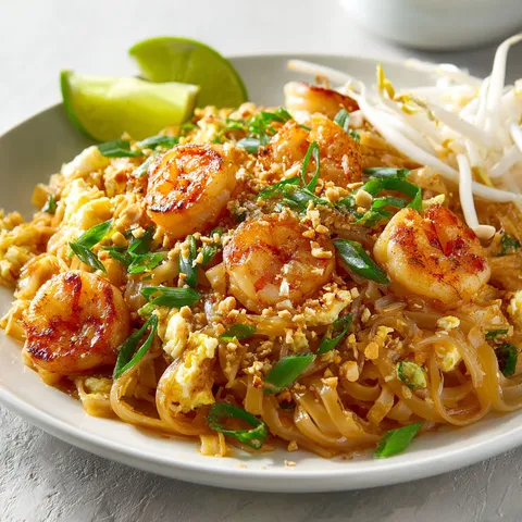 Plat coloré de Crevettes thaï avec nouilles et légumes croquants servi sur une table en bois.