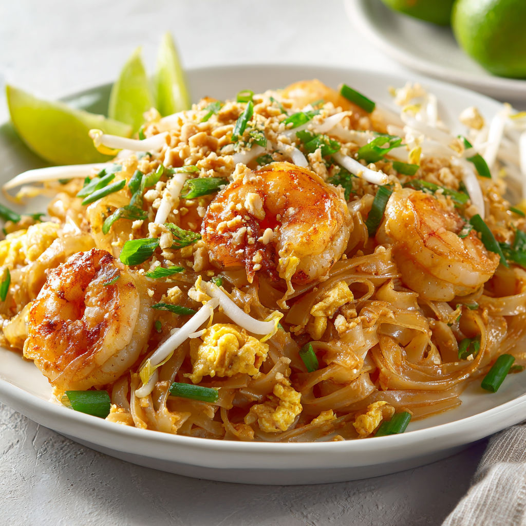 Une assiette de pad thaï aux crevettes et légumes verts, parsemée de noix de coco, posée sur une table.