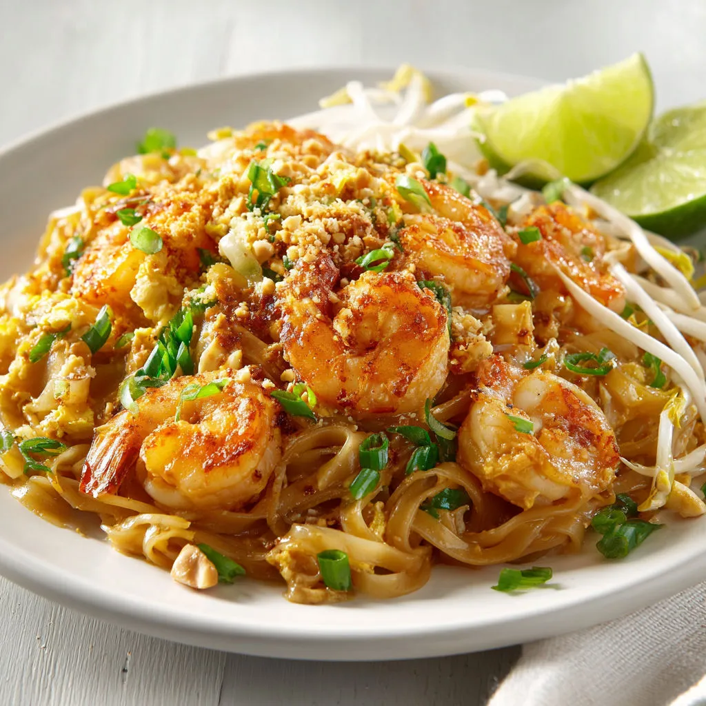 Assiette de pad thaï aux crevettes avec herbes fraîches et quartiers de citron vert, vue sur une table blanche.
