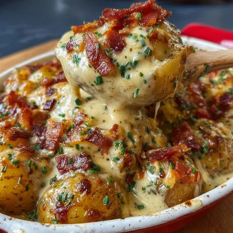 Pommes de terre grillées au fromage, ail et bacon servies à table.