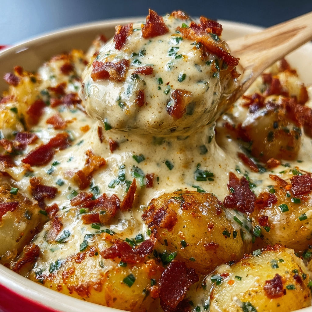 Plat de pommes de terre, bacon et sauce au pesto.