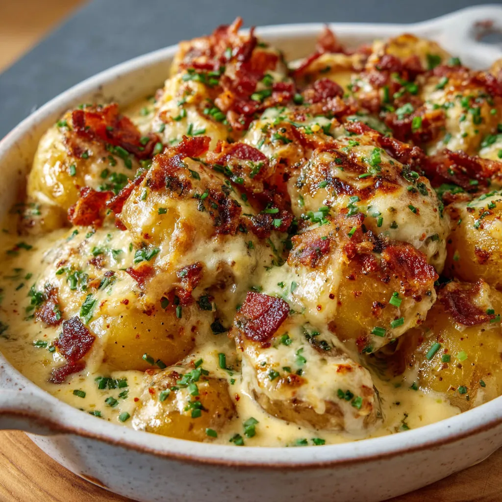 Bol de pommes de terre et bacon bien gratiné.