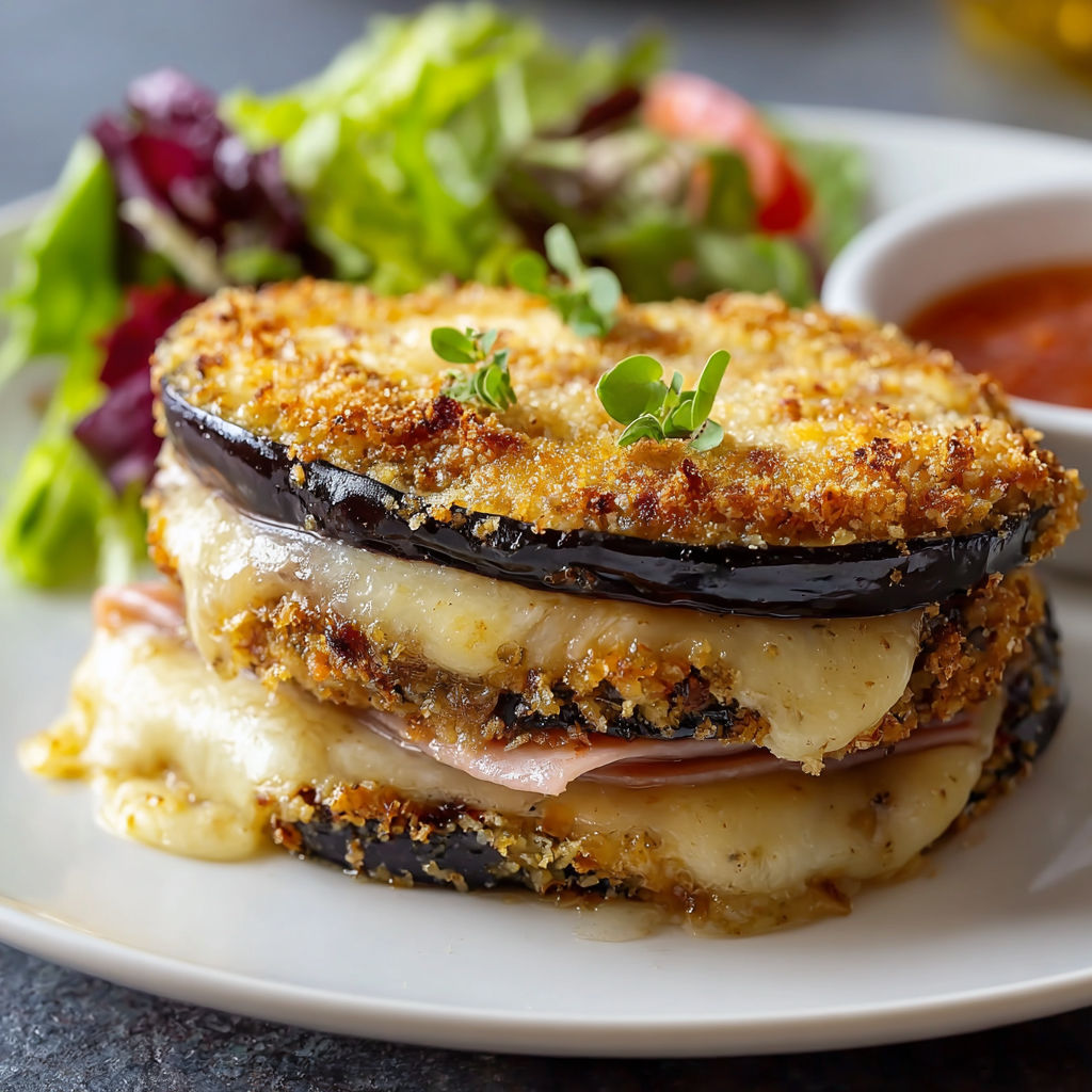 Un plat de Cordon bleu d'aubergine accompagné d'une salade verte, prêt à servir.