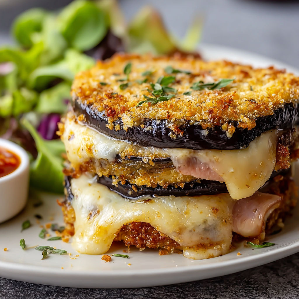 Un sandwich d’aubergine et de jambon sur une assiette blanche, avec un peu de salade verte à côté.