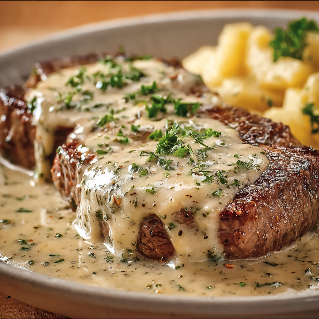 Steak et sauce à l’ail : une explosion de saveurs avec des herbes et une riche onctuosité.