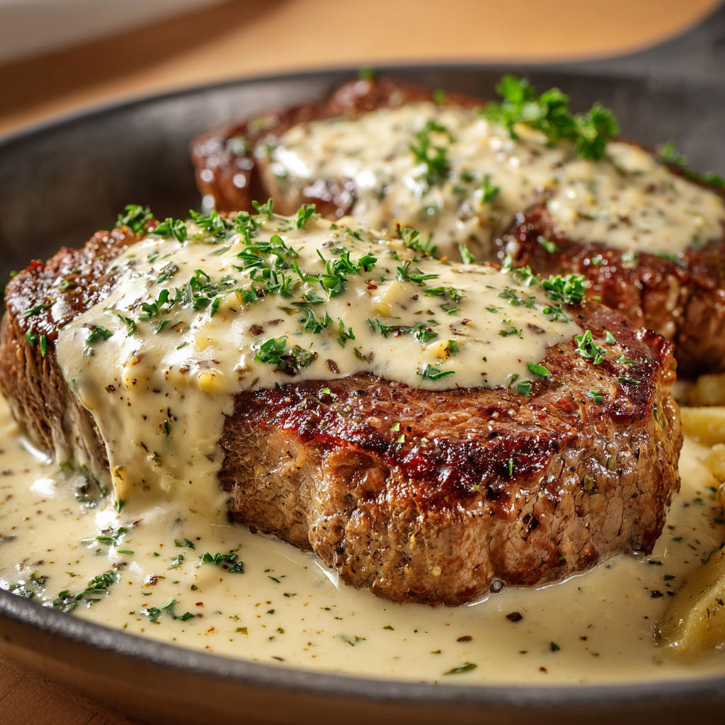 Steak au poivre nappé de pesto et d’herbes fraîches.