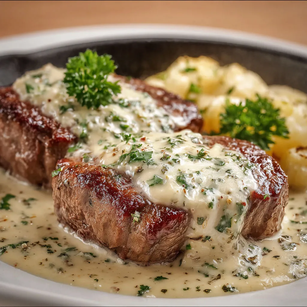 Steak au poivre, pommes de terre et herbes fraîches.