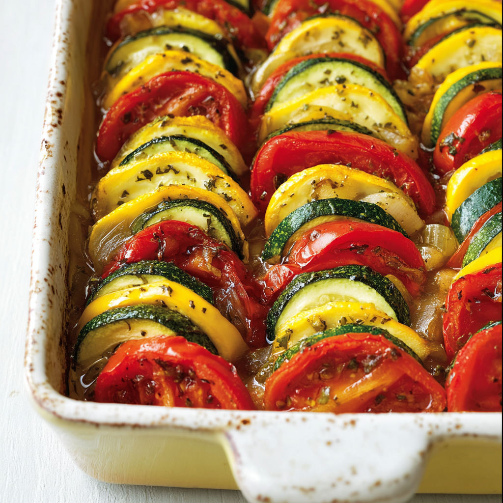 Plat en verre contenant des légumes gratinés aux couleurs vibrantes.