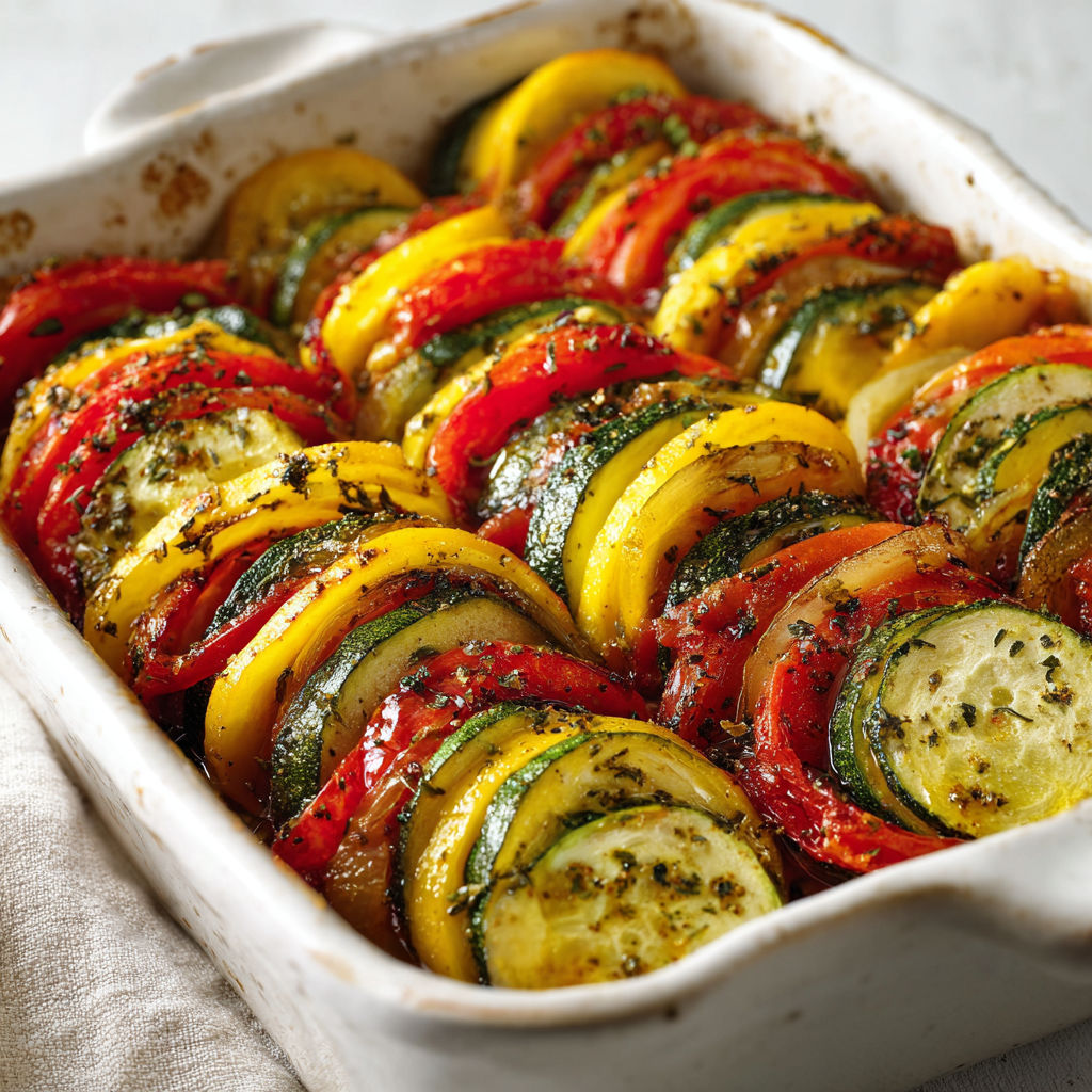 Plat de légumes bien colorés (aubergine, courgette, tomate) dans un moule en céramique.