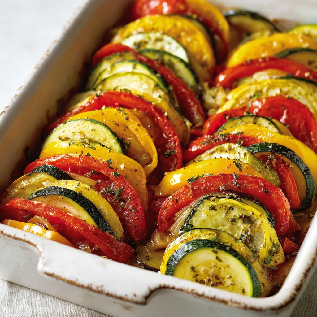 Tarte de courgettes et tomates, avec herbes, dans un moule en céramique.