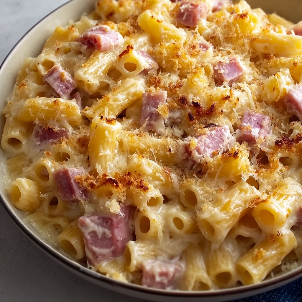 Des pâtes au jambon et fromages fondants avec une touche dorée au gratin.