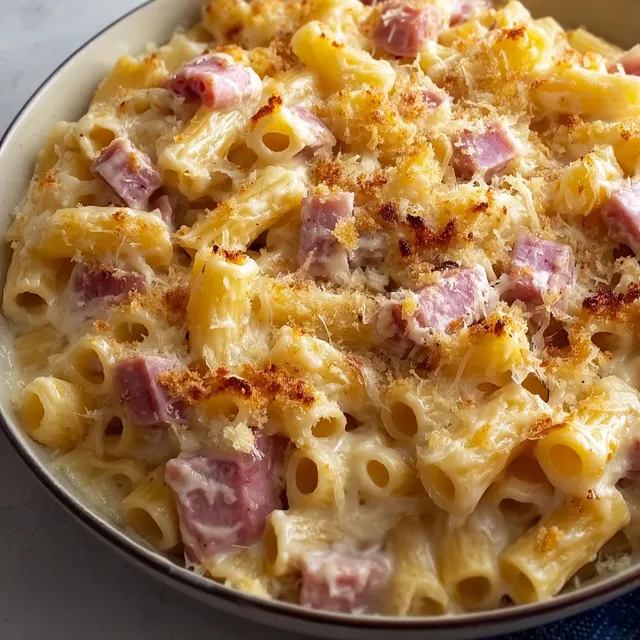 Des pâtes au jambon et fromages fondants avec une touche dorée au gratin.