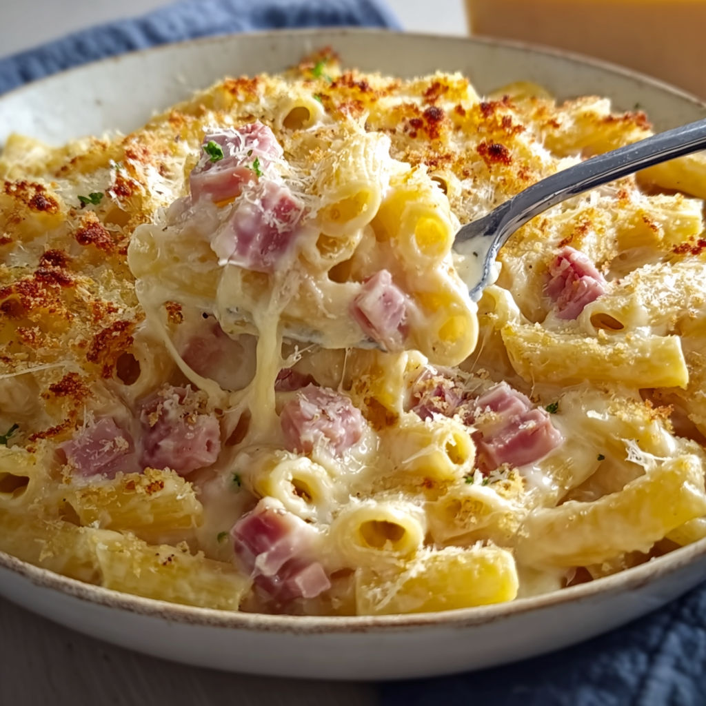 Un plat de macaroni au fromage et légumes bien doré.