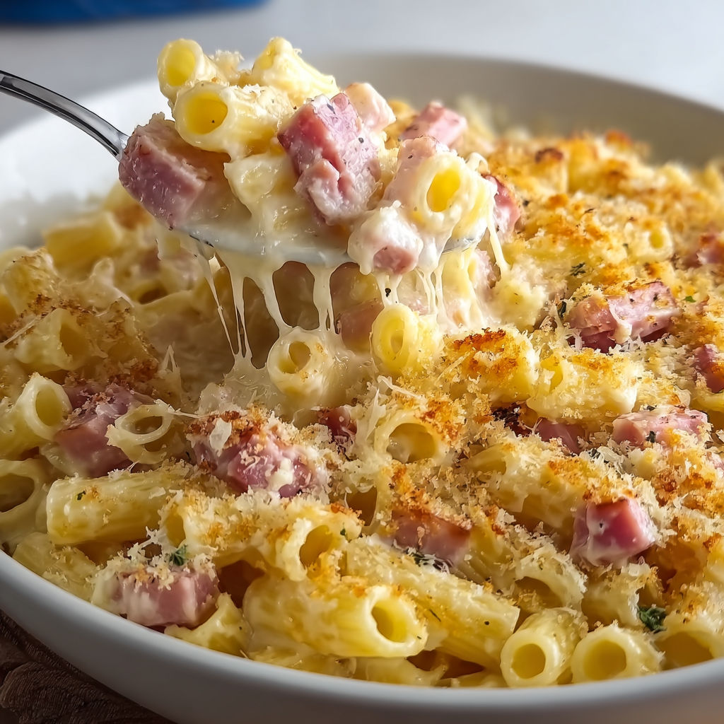 Macaroni au jambon et sauce servis simplement.