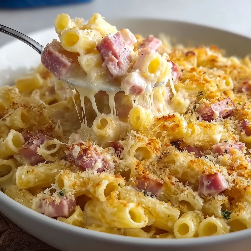 Macaroni au jambon et sauce servis simplement.