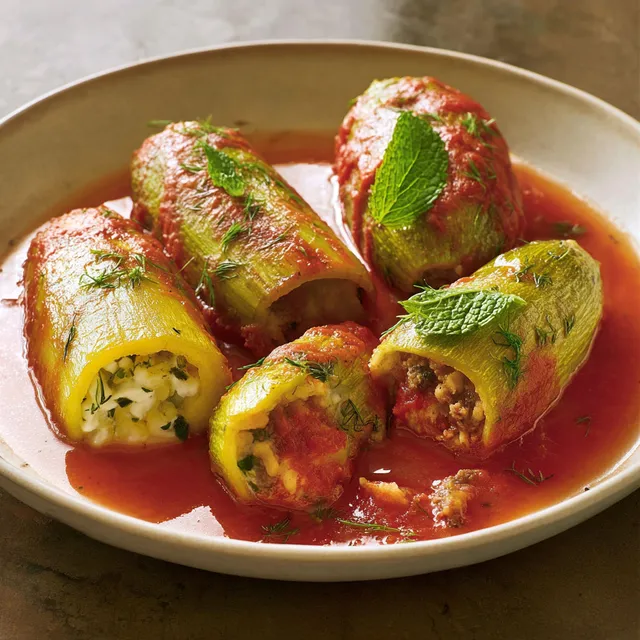 Plat de courgettes farcies recouvertes de sauce tomate.