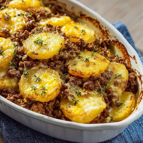 Gratin savoureux de pommes de terre et bœuf haché avec une touche gourmande.