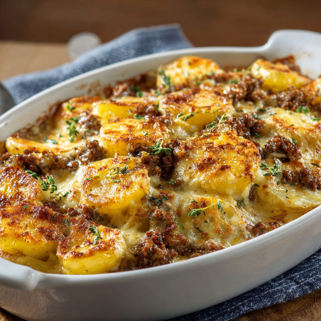 Un gratin de pommes de terre avec de l'herbe fraîche et une sauce crémeuse dans un joli plat en porcelaine.