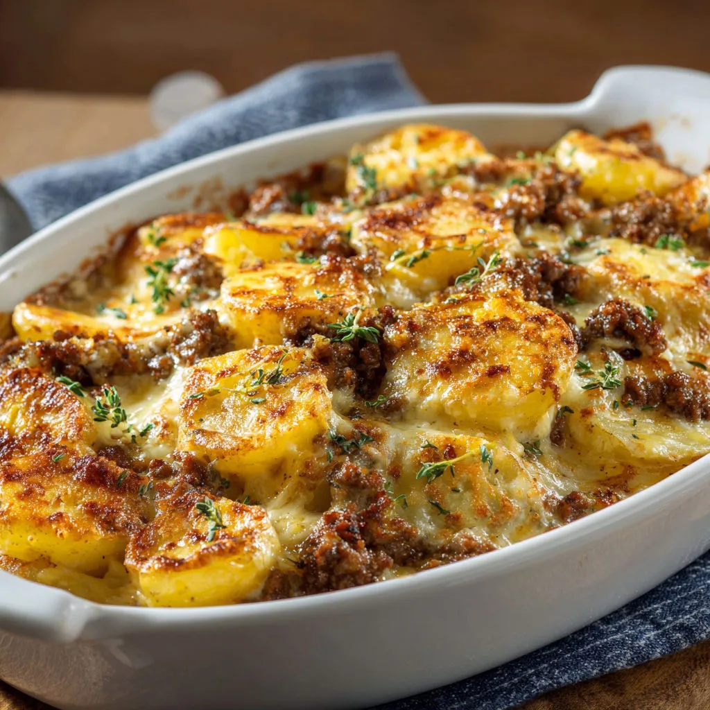 Un gratin de pommes de terre avec de l'herbe fraîche et une sauce crémeuse dans un joli plat en porcelaine.