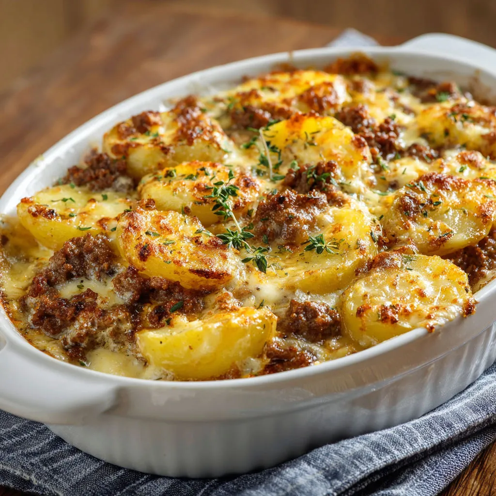 Un gratin de pommes de terre bien doré avec quelques champignons, prêt à servir.