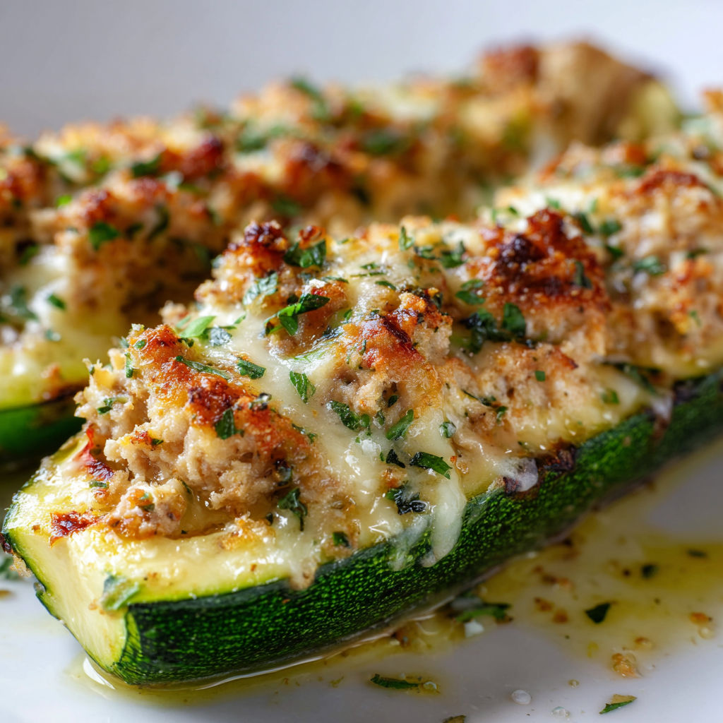Plat gratiné de courgettes farcies au thon et fromage, servis dans une belle assiette blanche.