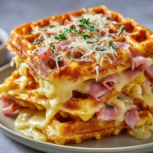 Une assiette de gaufres dorées et garnies de fromage et jambon fondant.