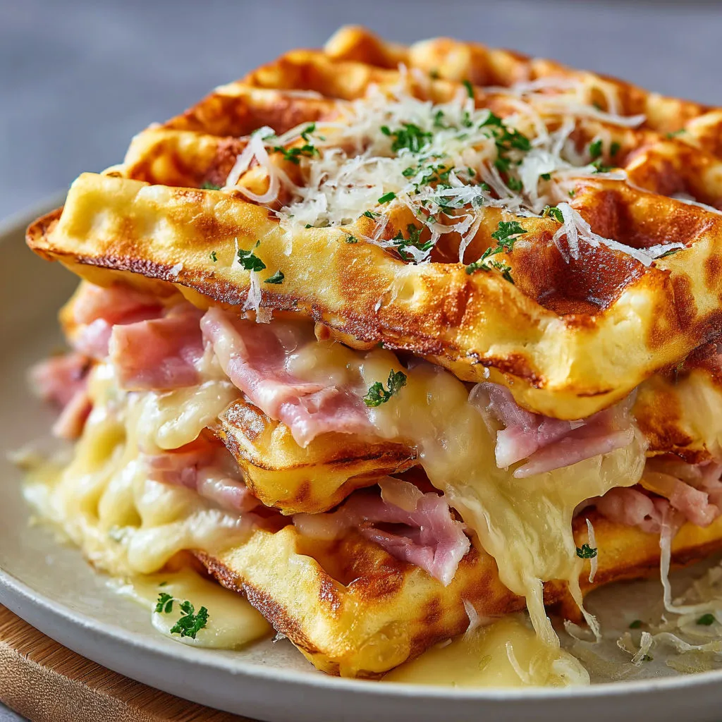 Empilement de gaufres bien dorées avec du fromage râpé et du jambon coupé, herbes fraîches à côté.
