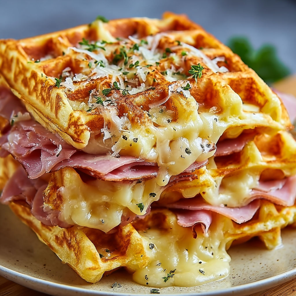 Gaufres dorées empilées, fromage fondu, jambon et des herbes fraîches sur le dessus.