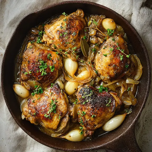 Cuisses de poulet dorées avec ail doux et oignons confits dans un plat.