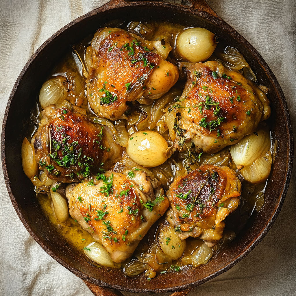 Cuisses de poulet braisées avec oignons et ails dans un bol rustique.