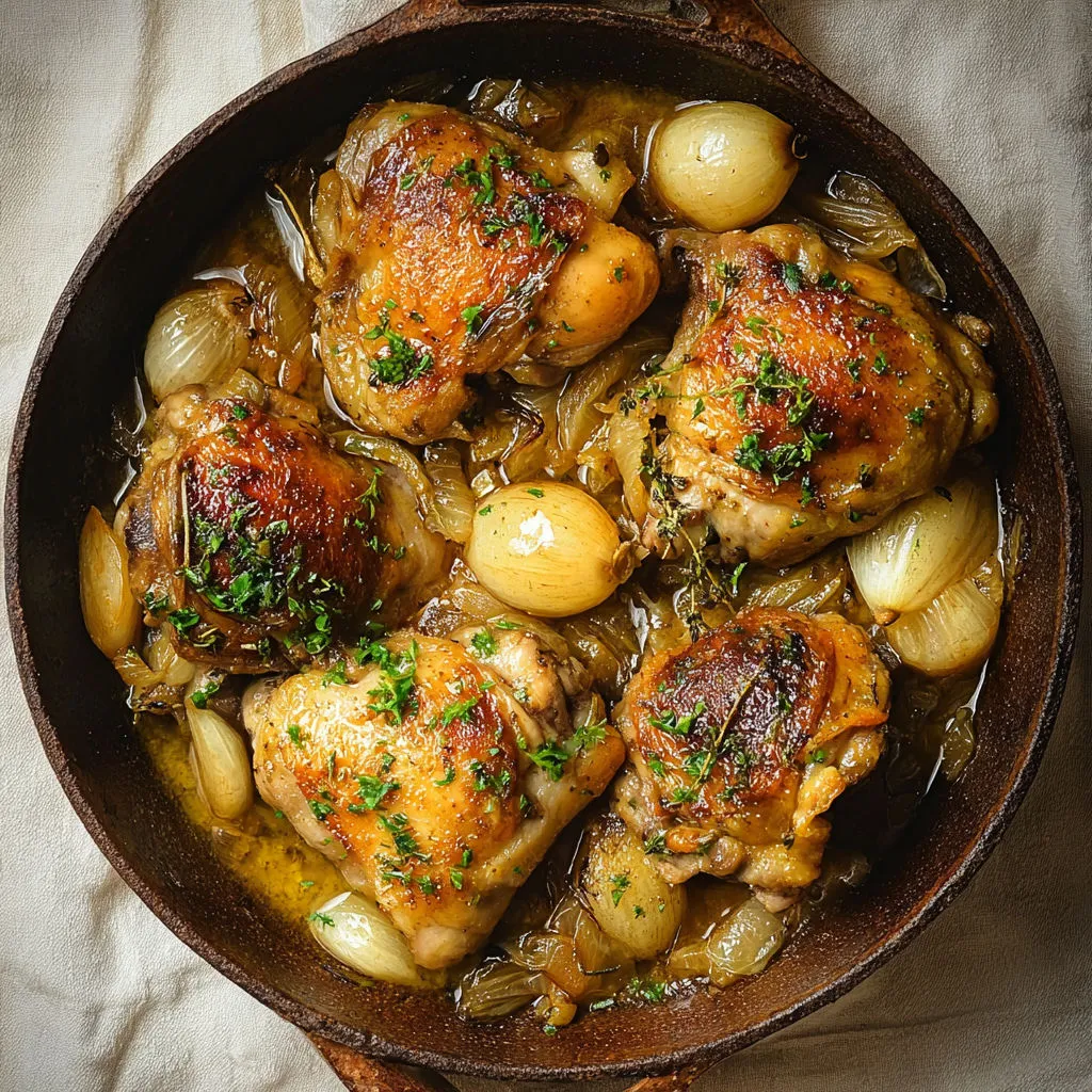 Cuisses de poulet braisées avec oignons et ails dans un bol rustique.