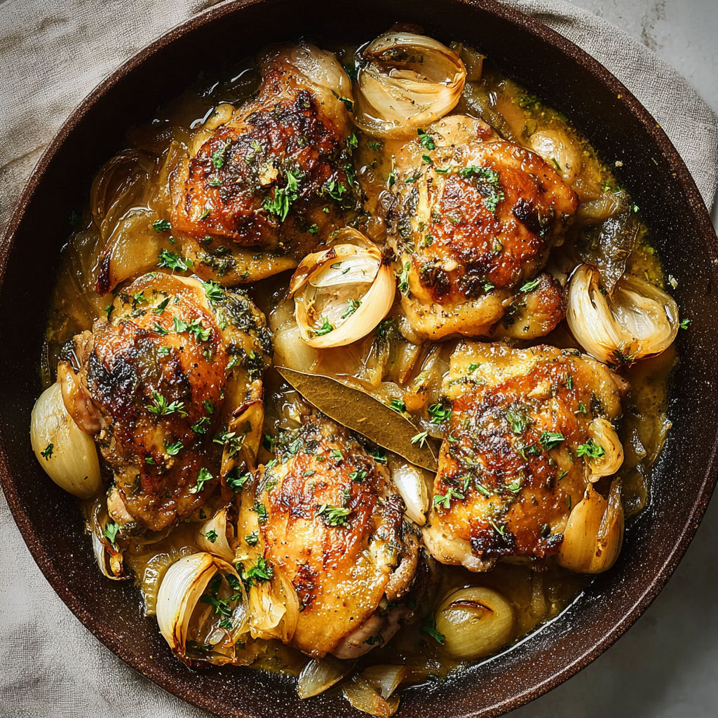 Cocotte de poulet braisé à l’oignon et à l’ail, nappée de sauce au vin.