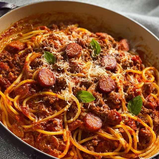 Spaghetti au bœuf haché et saucisse fumée en casserole.