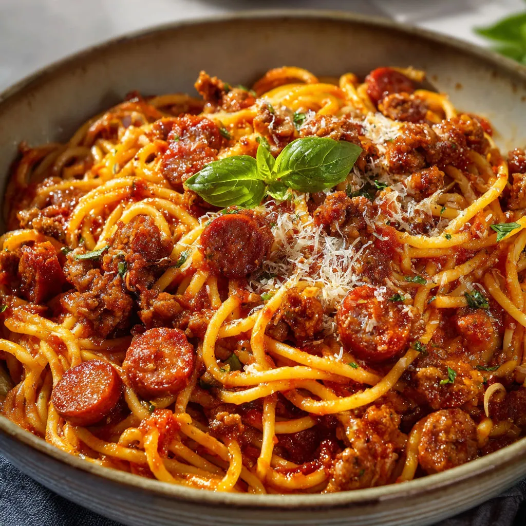 Plat de spaghetti nappés de sauce tomate, boulettes de viande, et une touche de basilic frais.