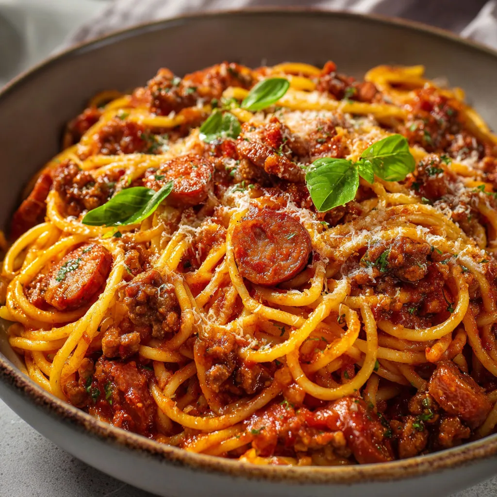 Pâtes spaghetti garnies de viande et de fines herbes fraîches.