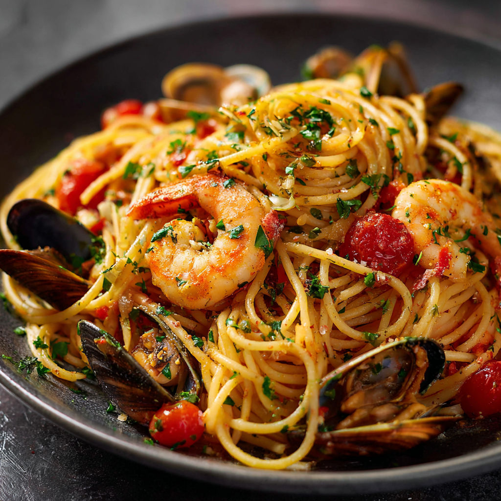 Une assiette de spaghetti garni de fruits de mer et de tomates fraîches, prête à être dégustée.