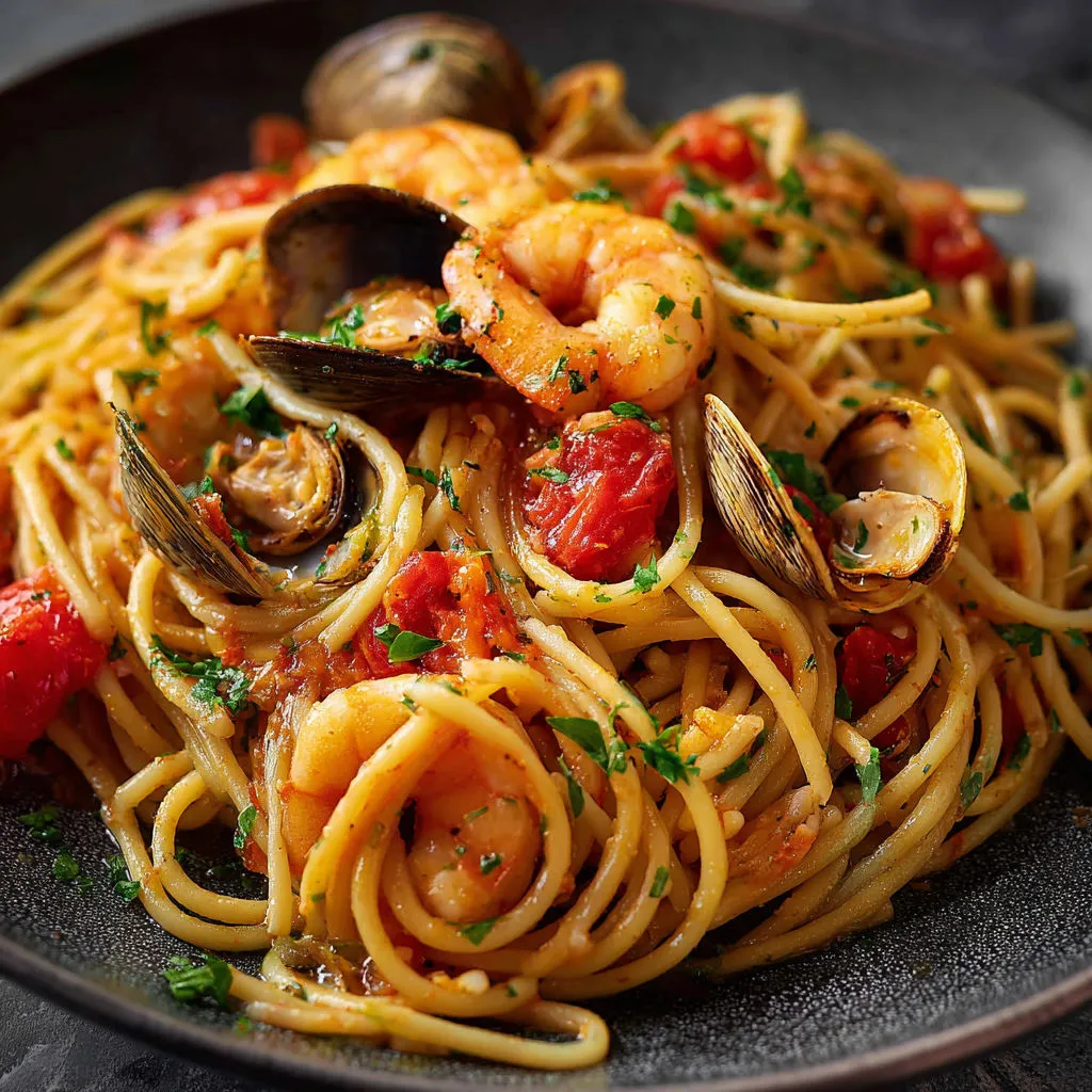 Un grand plat de Spaghetti allo Scoglio débordant de fruits de mer, moules, coques et tomates.
