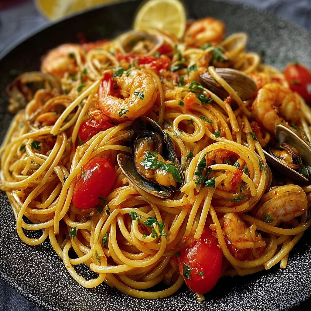 Une assiette de spaghetti allo scoglio, garnie de tomates, de coquillages et d'oignons frais.