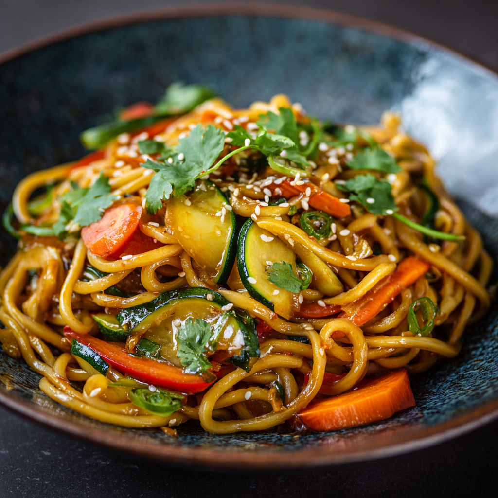 Une assiette de nouilles asiatiques sautées avec des légumes comme carottes, courgettes et légumes verts sur une table noire.
