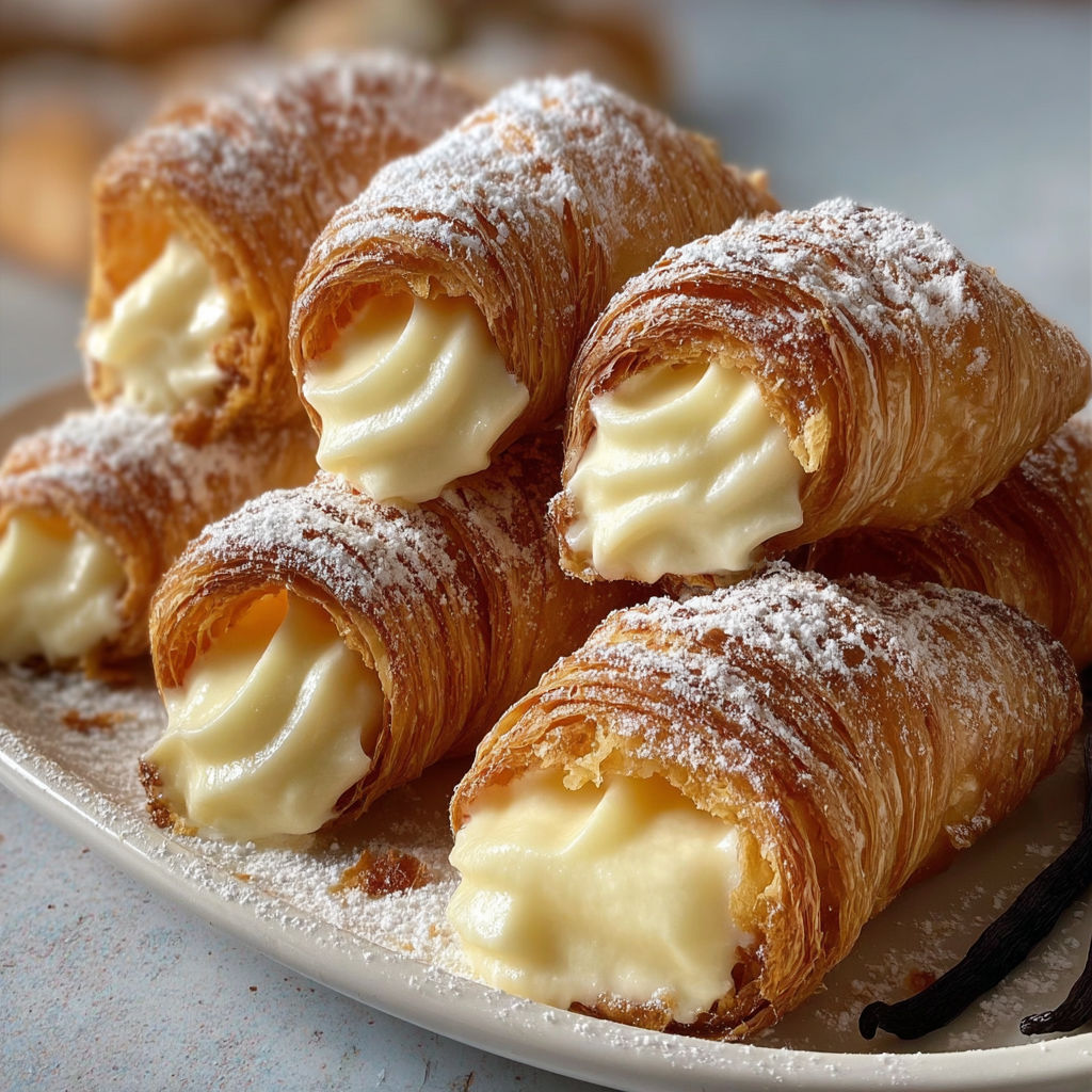 Cornets feuilletés croustillants garnis de crème pâtissière.