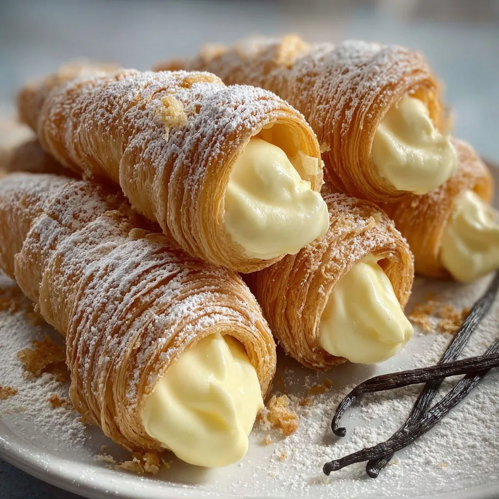 Assiette de cornets feuilletés garnis de crème vanille.