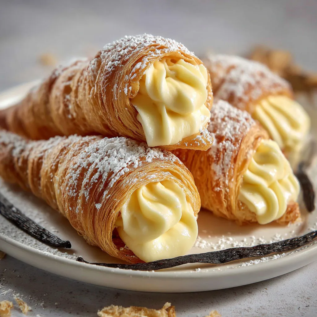 Des cornets feuilletés à la crème vanille joliment disposés sur un plateau.