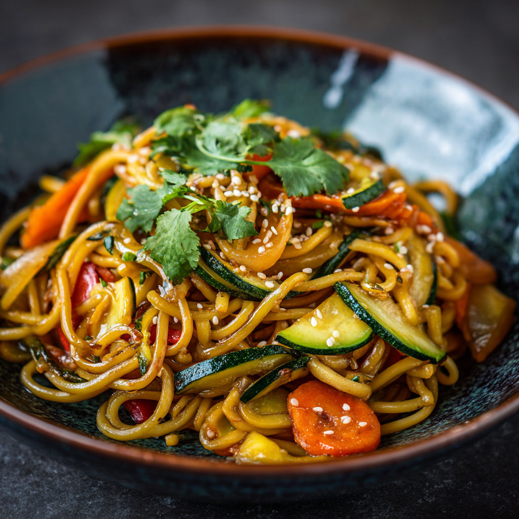 Dans l’assiette, des nouilles sautées avec carottes, courgettes, oignons et des touches vertes sur une table.