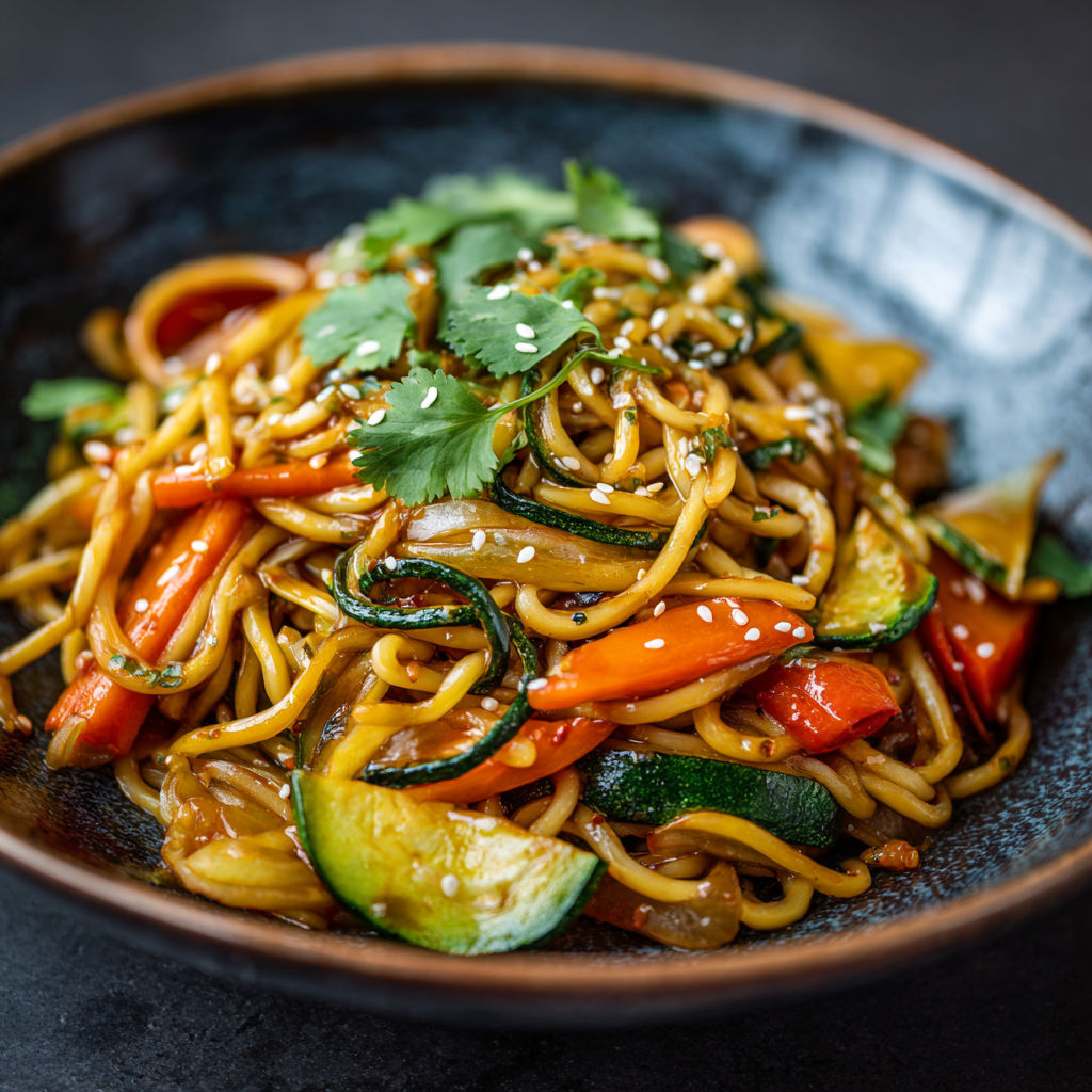 Une belle assiette de nouilles poêlées avec carottes, courgettes et des légumes verts.