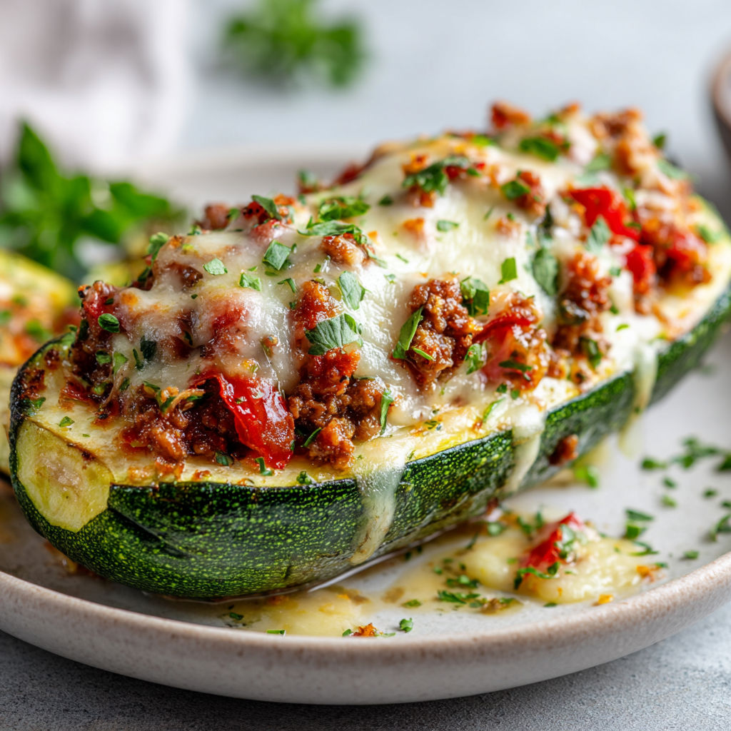 Courgettes garnies de viande et fromage, joliment présentées sur un plat.