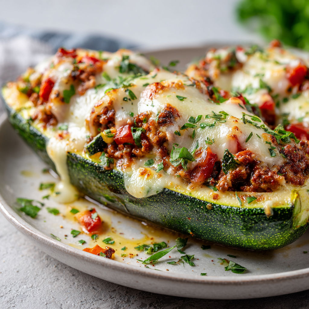 Un poivron farci avec du fromage fondu et des tomates, présenté sur un plat.