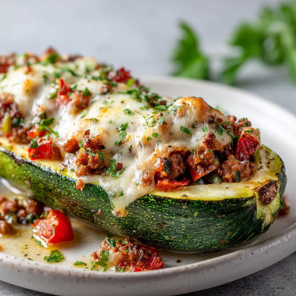 Une courgette garnie de viande et de fromage, avec un peu de salade verte à côté.