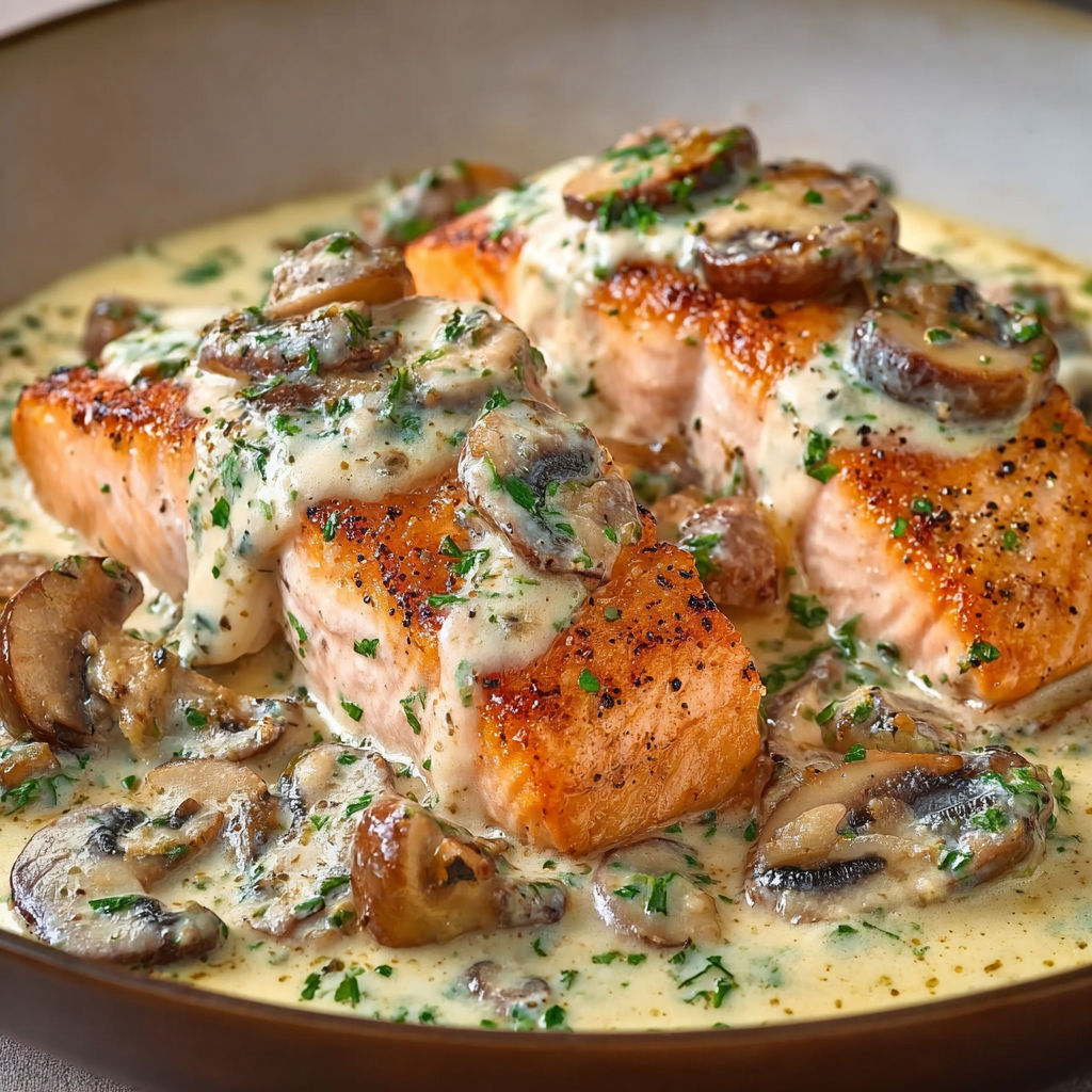 Assiette gourmande de saumon et champignons, le tout nappé d’une sauce crémeuse.